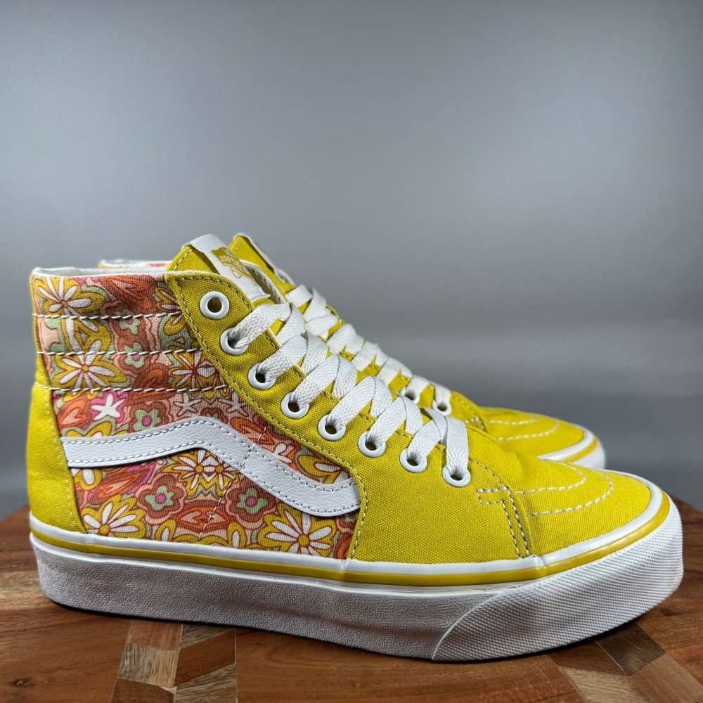 Vans Sk8-Hi Yellow Floral Psychedelic High Top Sneakers Women 7.5 Men 6